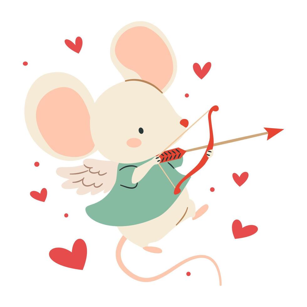 A flat illustration in a simple children's style. Cute little mouse cupid with wings, hearts vector