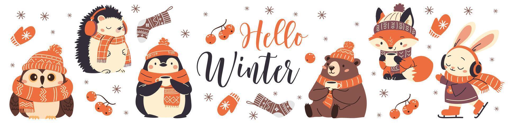 Set of flat illustrations on white background. It says hello winter, animals in warm scarves and hats drinking tea. Penguin fox bear bear hare hare owl hedgehog vector