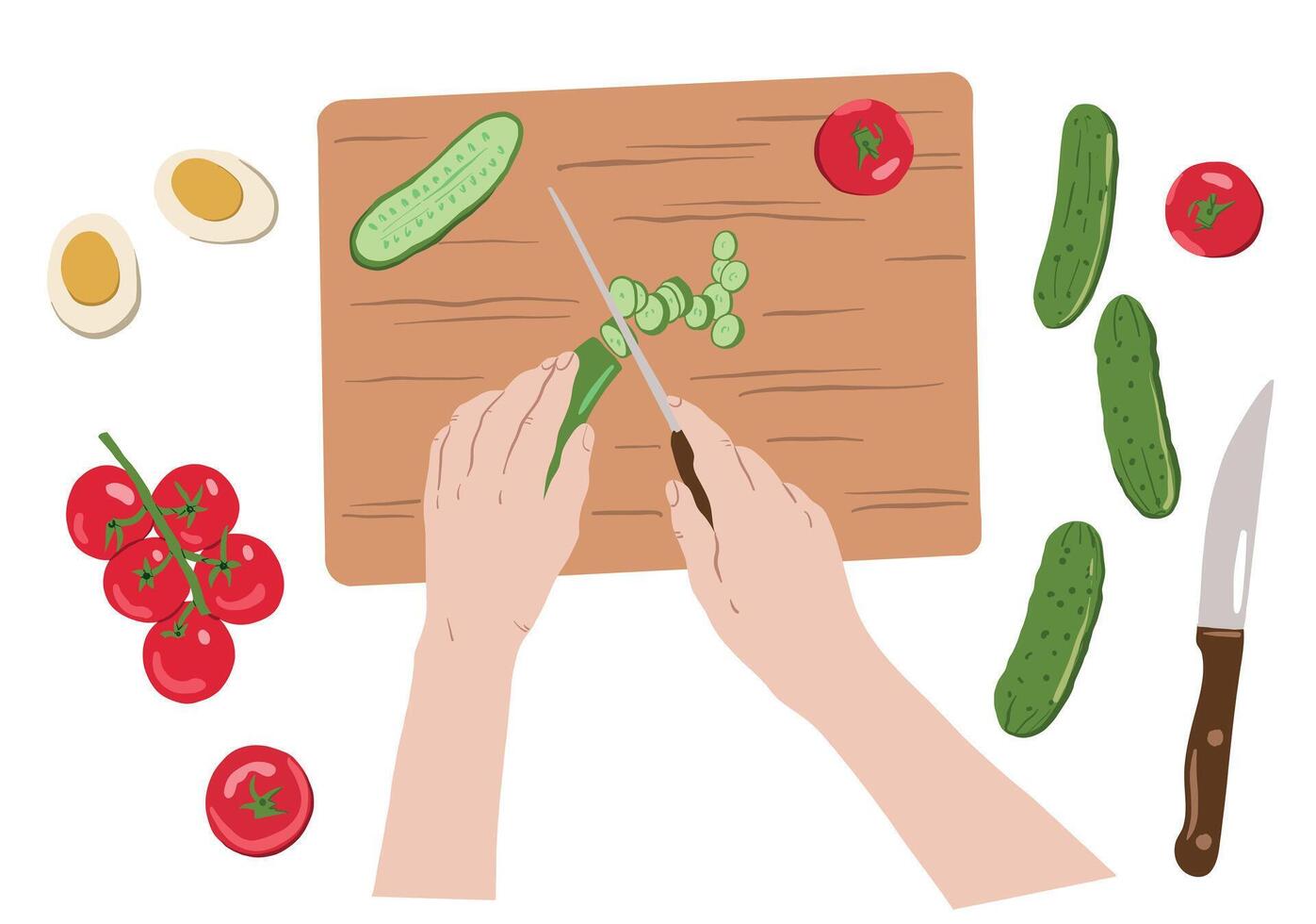 Chef hands slicing cucumbers, tomatoes and other vegetables. Cooking food, top view vector