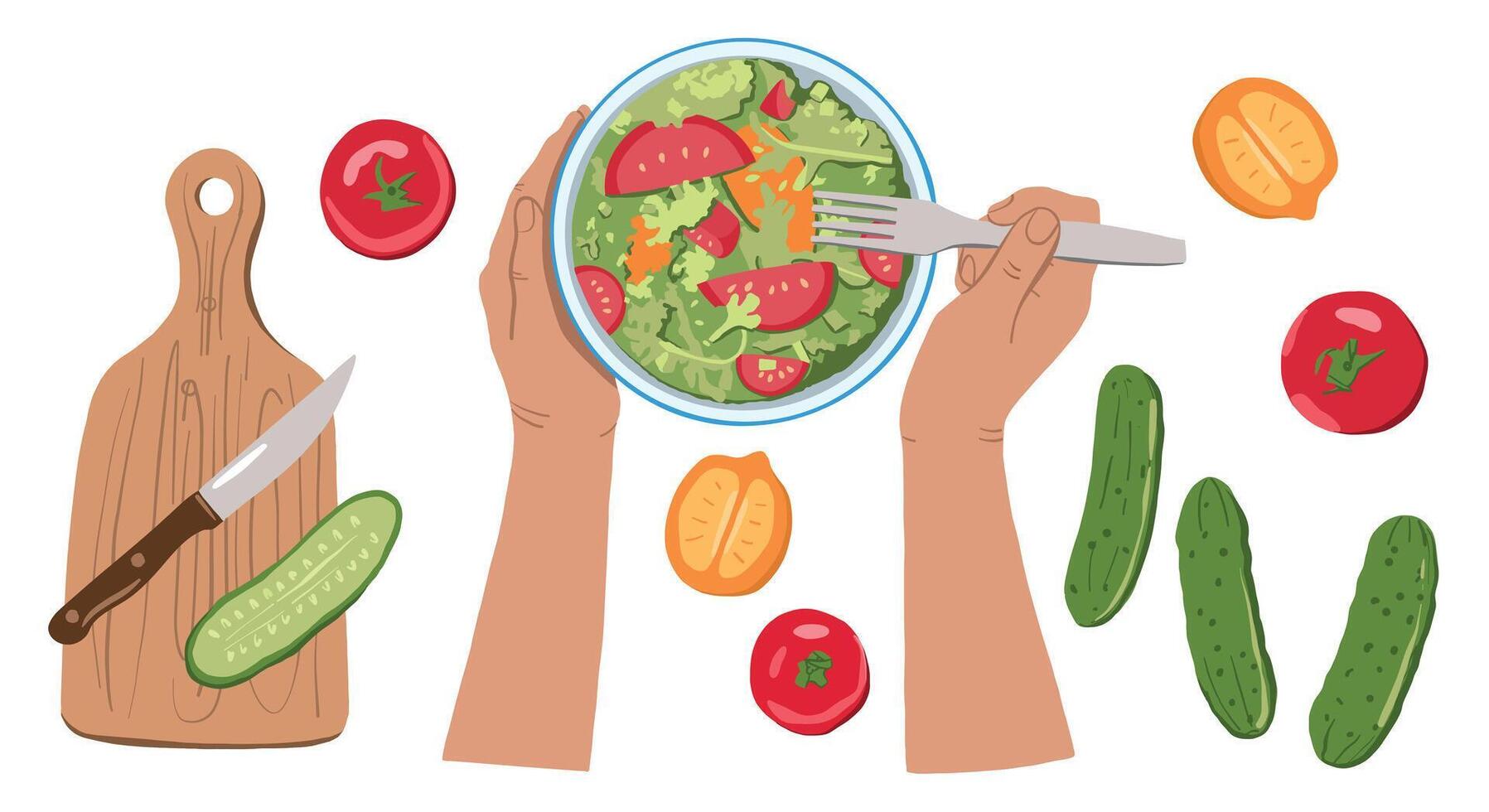 Cook Hands Preparing Vegetable Salad with Cucumber, Tomatoes, Citrus. Food Ingredients vector