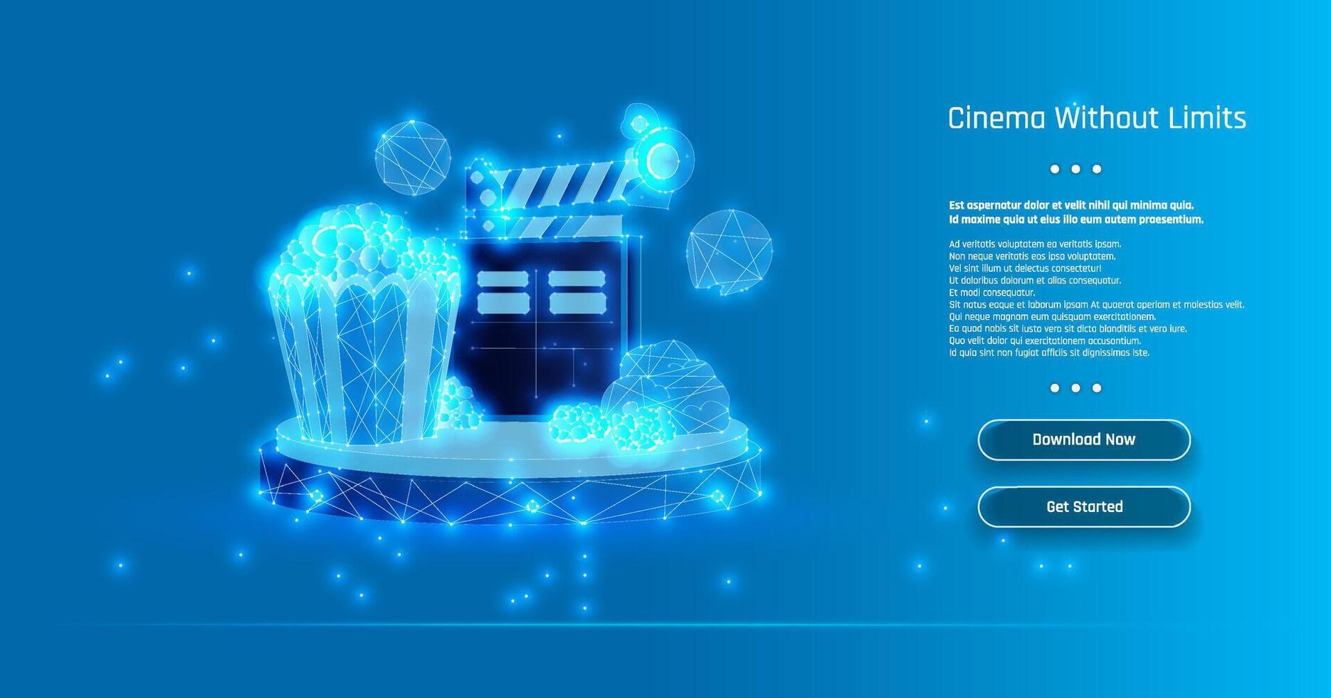 Digital representation of cinematic elements featuring popcorn and a clapperboard with a blue background promoting limitless cinema experiences. vector
