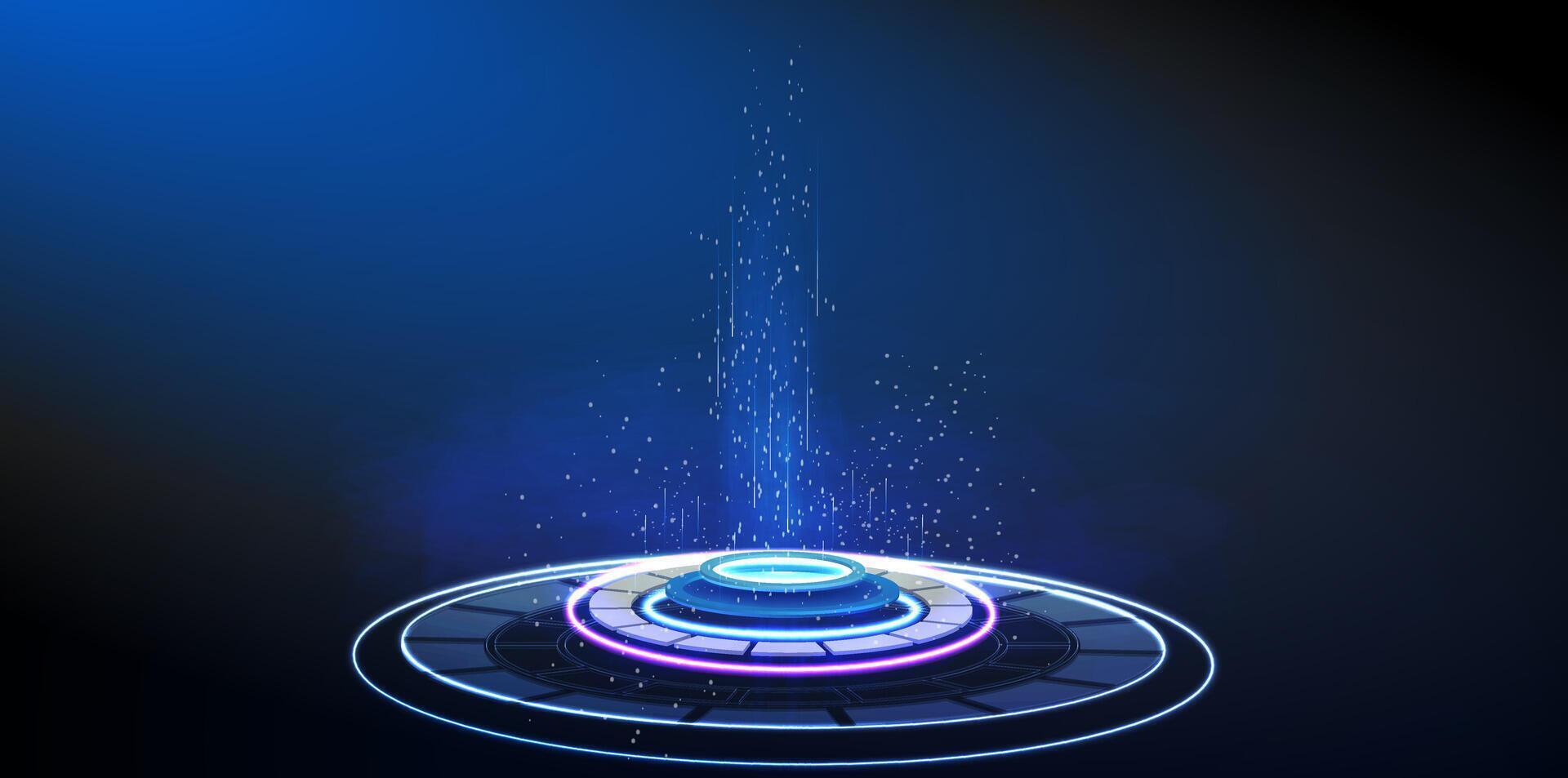 A vibrant, illuminated circular platform emits blue and purple particles in a dark background, creating a futuristic atmosphere. vector
