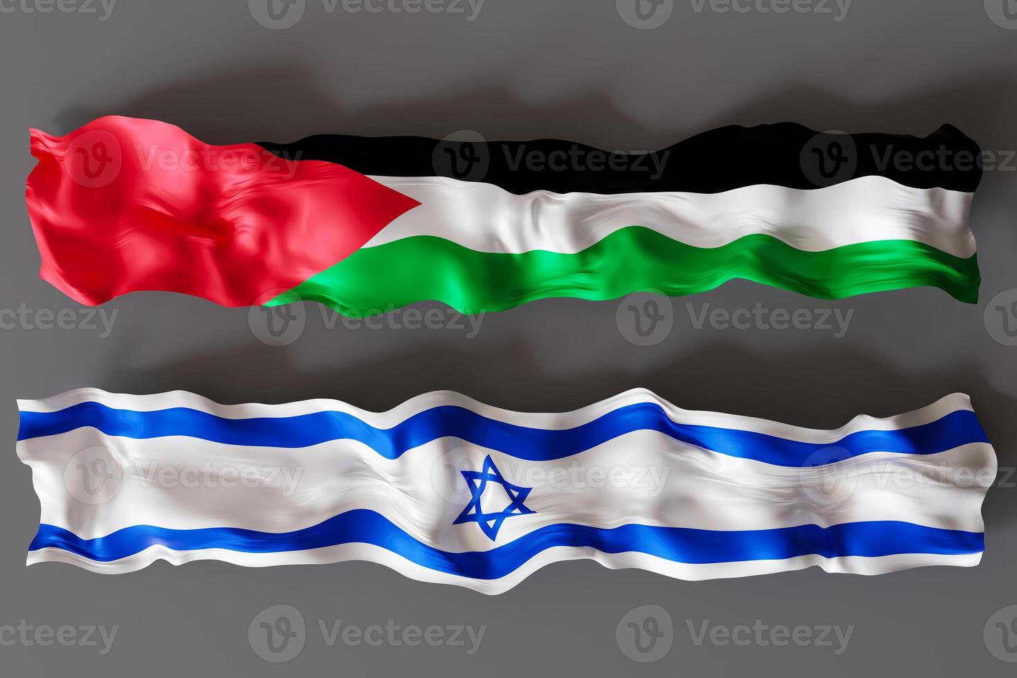 Flags of Palestine and Israel, placed side by side against a neutral background. Contrast and significance of these two nations, symbolizing themes of unity, conflict, and diplomacy. 3D render. photo