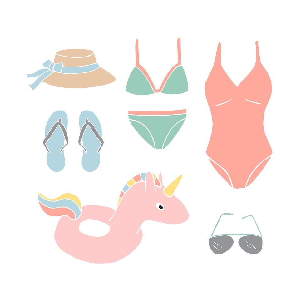 Set of sketch beach suit and accessories vector