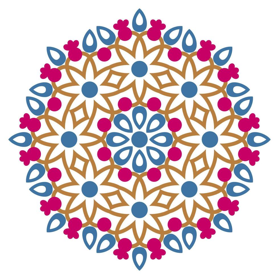 Ceramic tile pattern. Decorative round ornament. White background with art frame. Islamic, indian, arabic motifs. vector