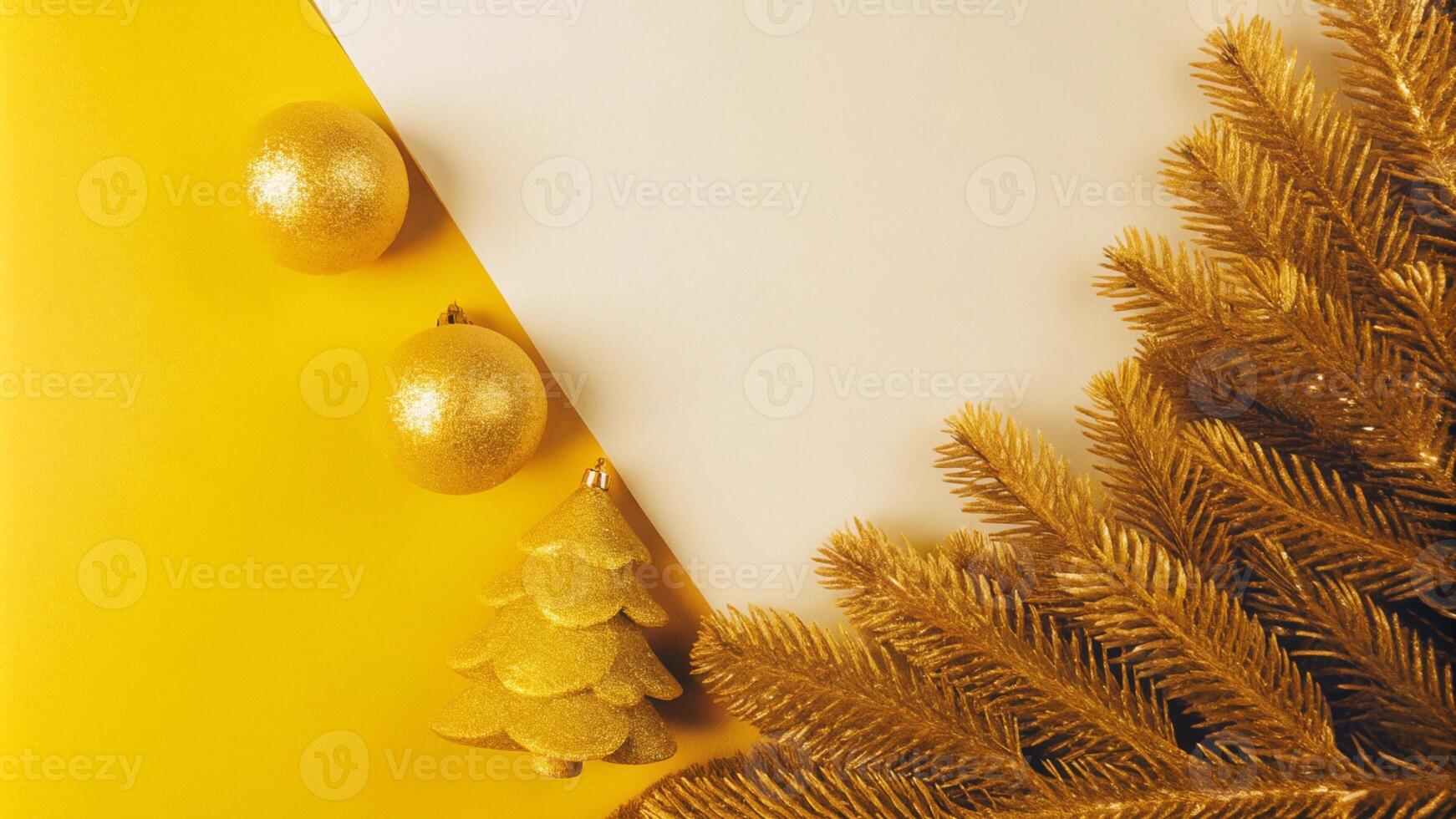 Christmas decor with golden fir leaves and ornaments photo