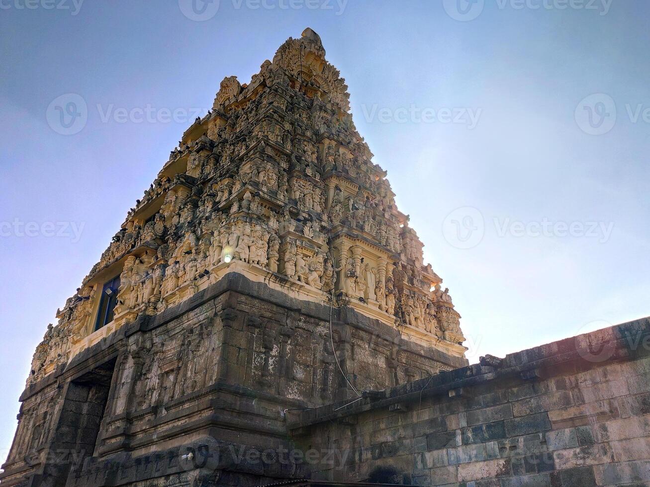 A majestic view of Belur Chennakeshava Temple in Karnataka. The intricate carvings on the towering gopuram create a visual spectacle, with light and shadow highlighting its fine craftsmanship. photo