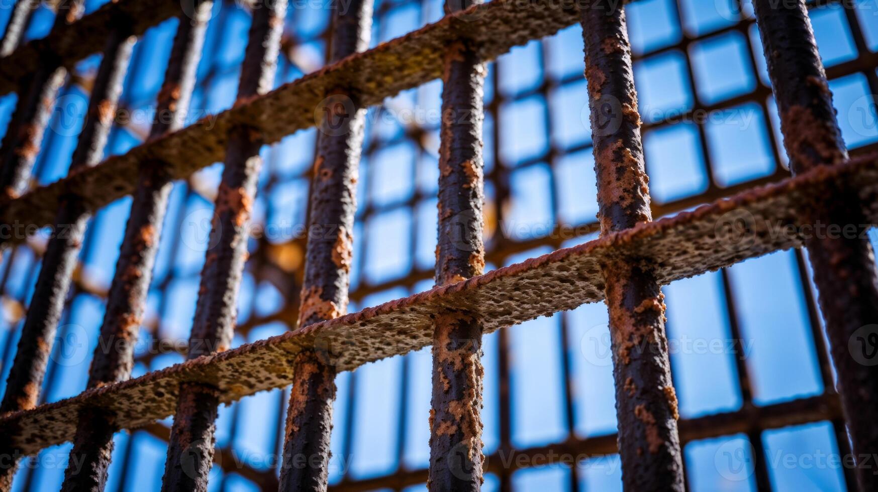 Rusted Metal Grid with Clear Blue Sky photo