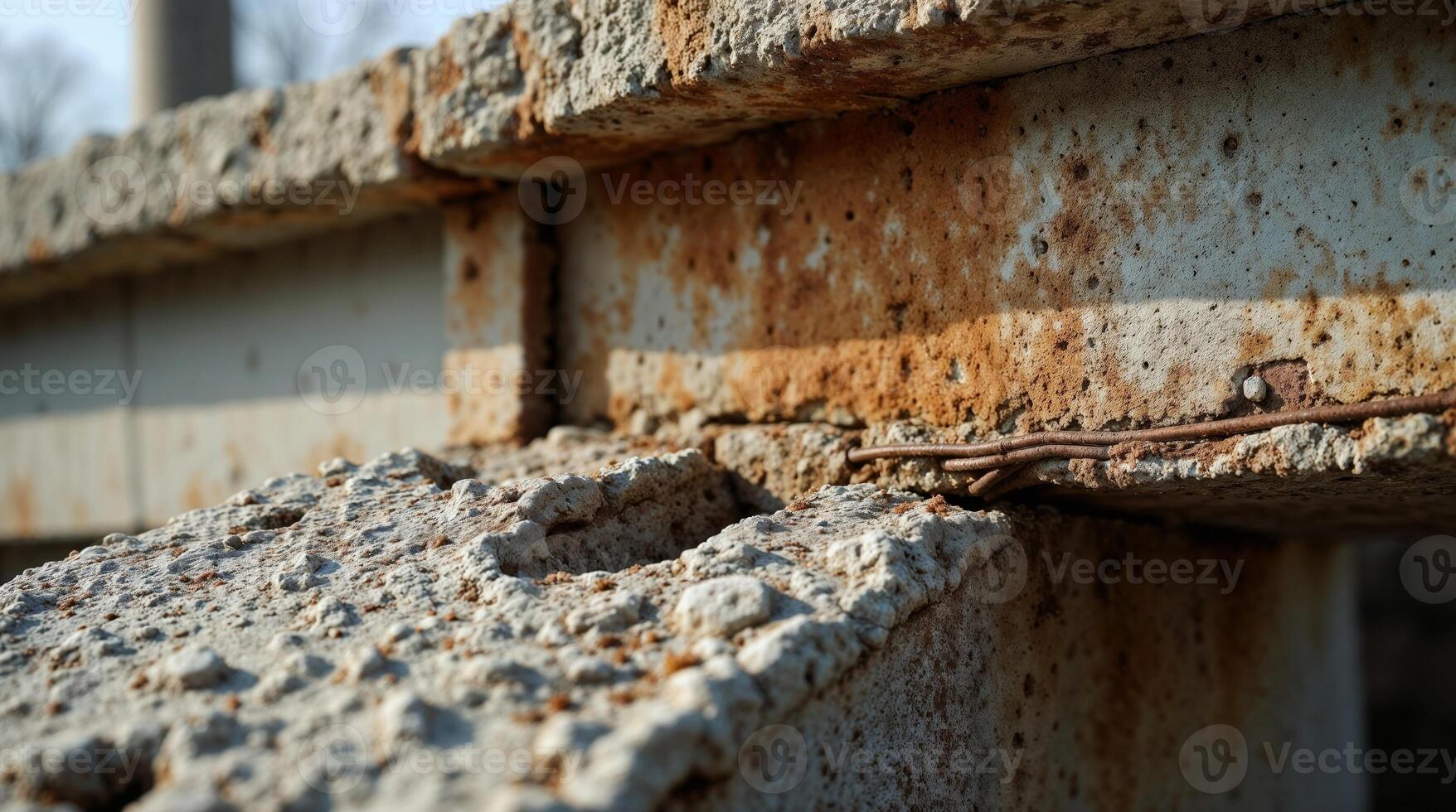 Exposed rusty rebars in old, eroded concrete, close-up photo