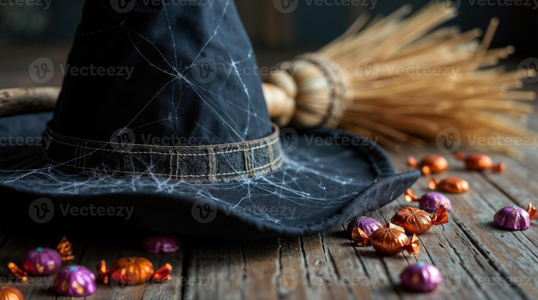 Black Witch Hat and Broomstick with Colorful Halloween Candies photo