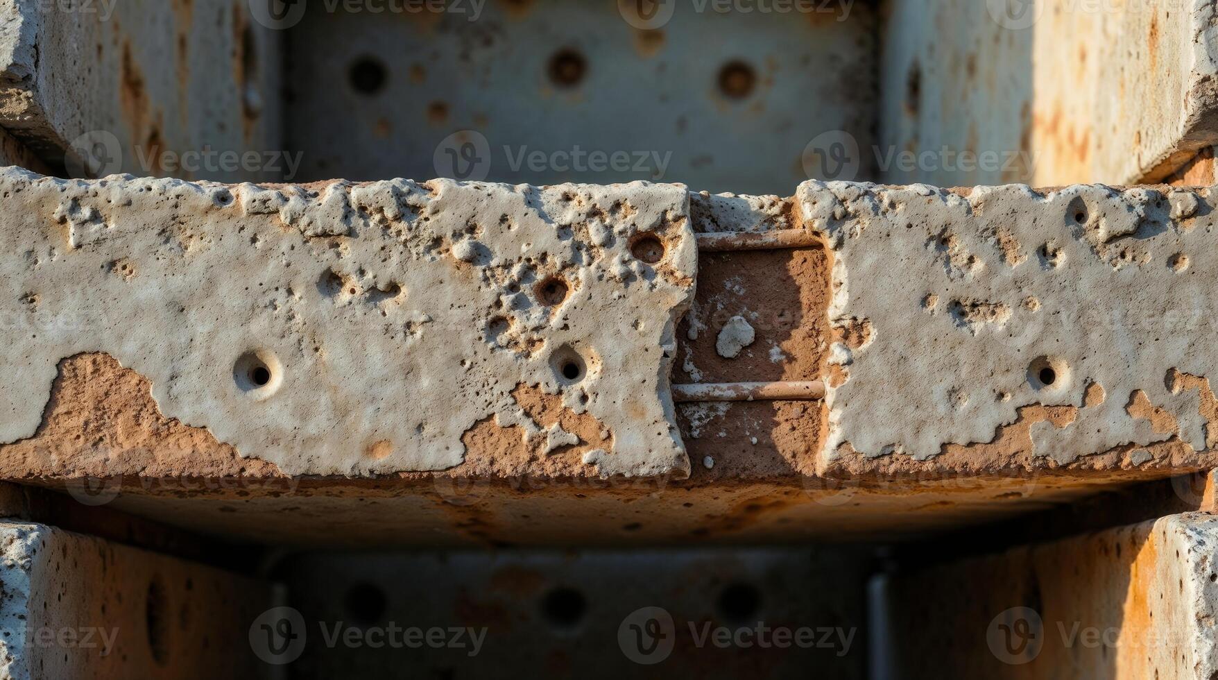 Close-up of Aged Concrete with Exposed Rusty Rebars photo