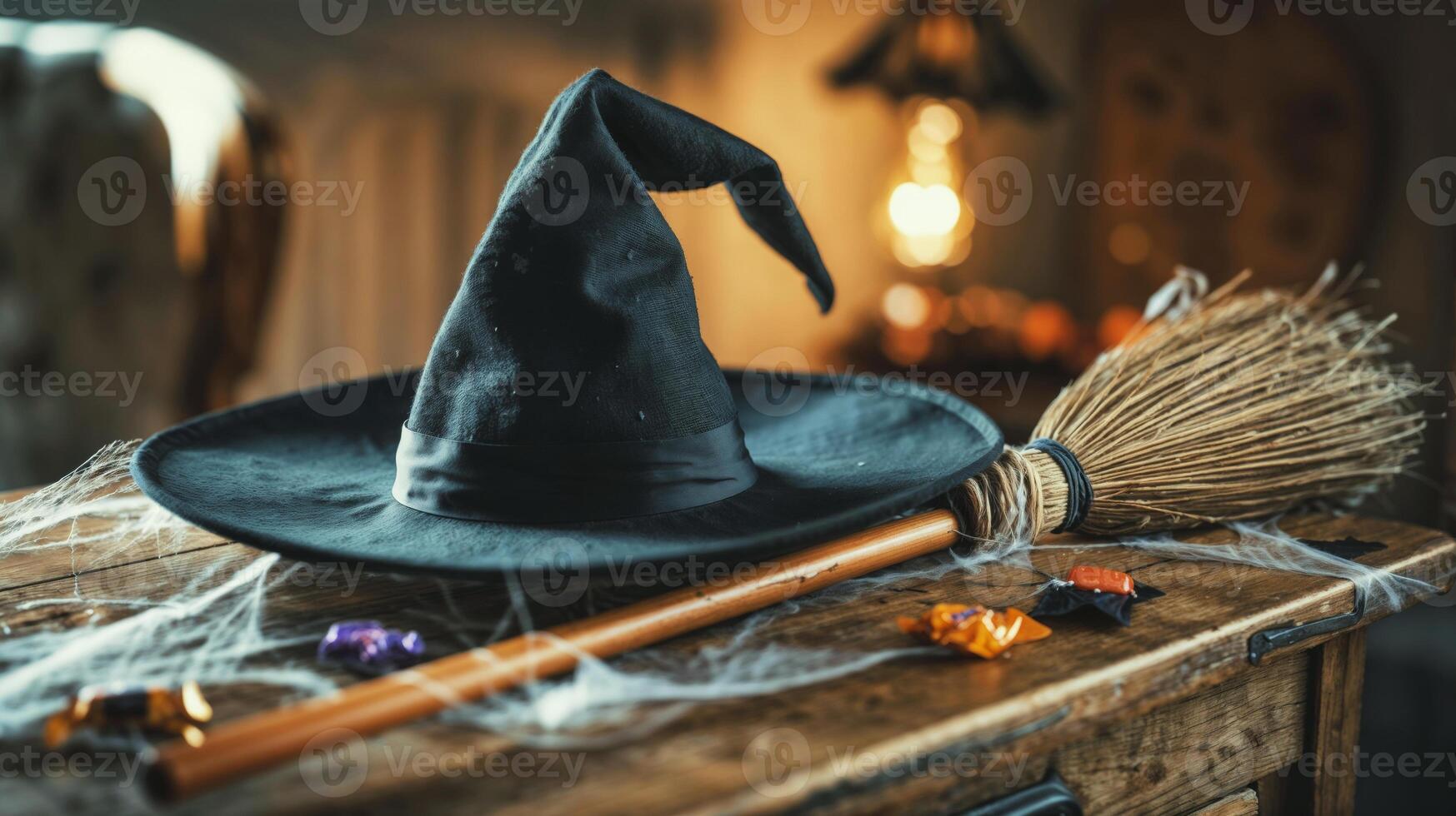 Festive Halloween Candies, Witch Hat, and Broomstick photo