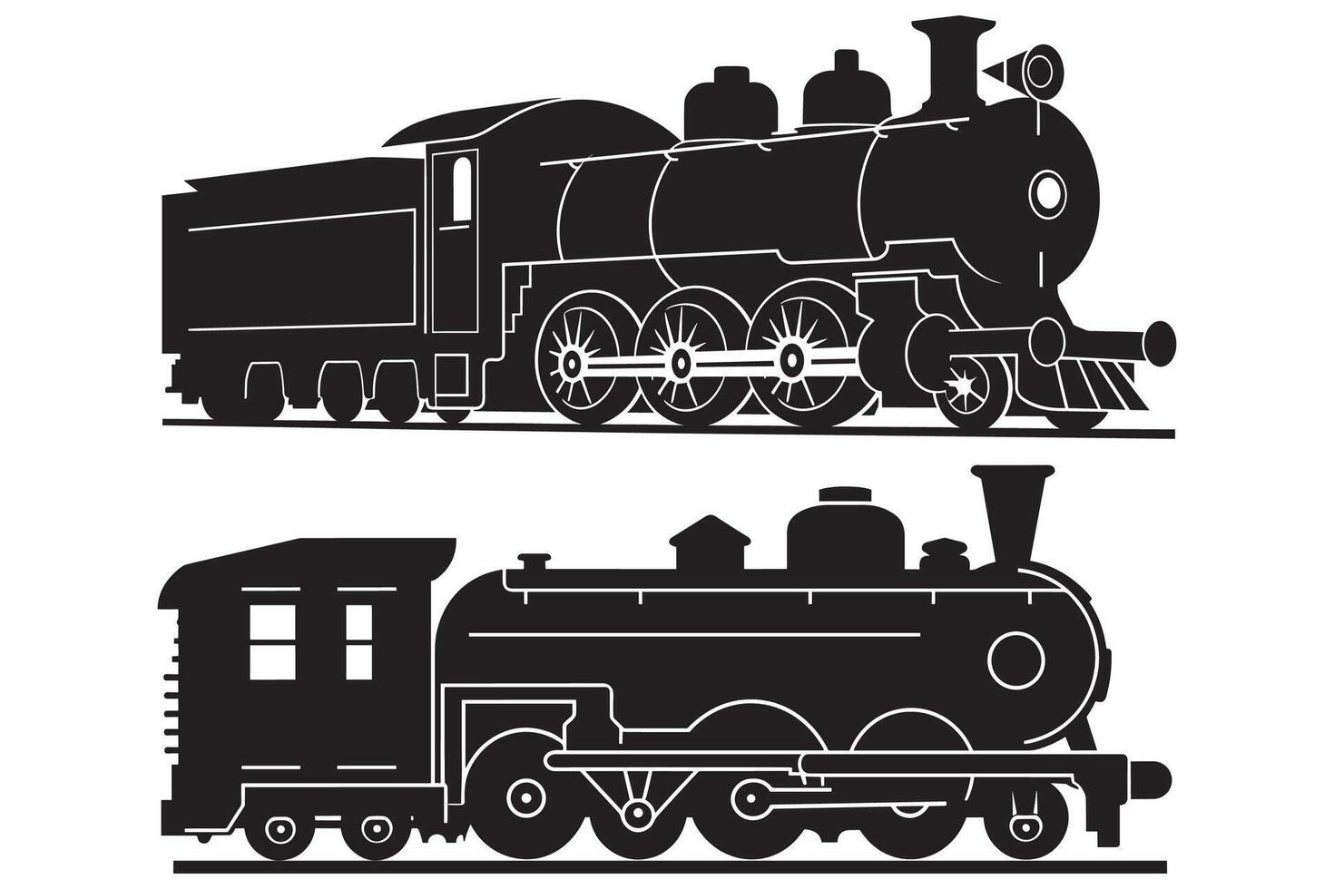 Diesel Locomotive, Passenger Carriage, and Electric Locomotive Illustrations vector