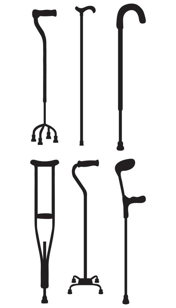 Set of Mobility Aids Walker, Crutches, Quad Cane, Forearm Crutches Icons vector