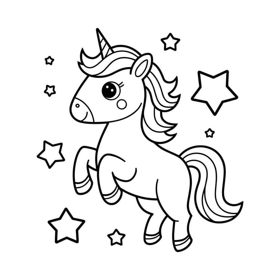 Cute Unicorn Coloring Page with Stars vector