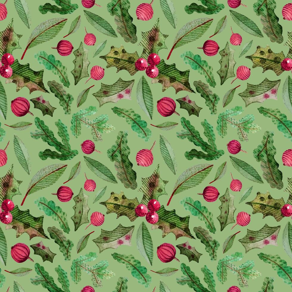 Seamless pattern CHRISTMAS NEW YEAR FIR holly PINK berries wrapp vector