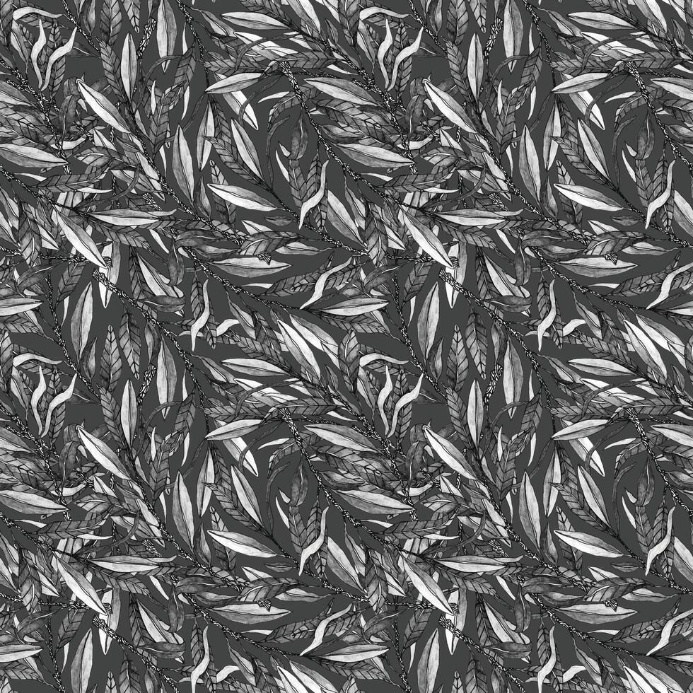 Texture with hand drawn black and white oliv branches and leaves on gray background . Ideal for printing on fabric or paper. floral ornament vector