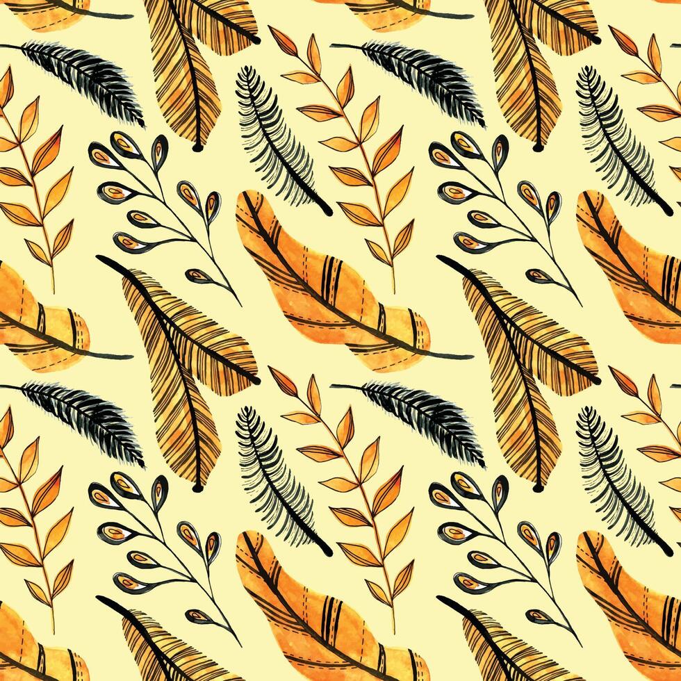 Watercolor seamless pattern with orange and black leaves on the white background. Christmas tree branch pattern. Perfect for greeting cards, invitation, wrapping paper, textile vector