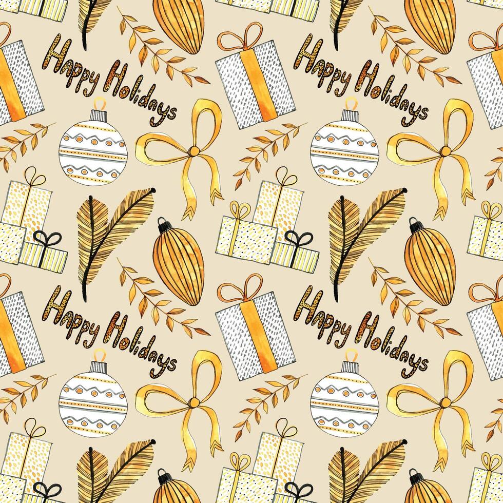 Seamless christmas pattern. Happy Holidays. Hand drawn orange gift boxes, bow, Christmas toys, fir branches on a gentle background. For wrapping paper vector