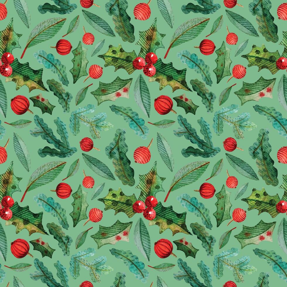 Seamless pattern CHRISTMAS NEW YEAR FIR holly red berries wrapping PACKAGING paper ON turquoise BACKGROUND vector
