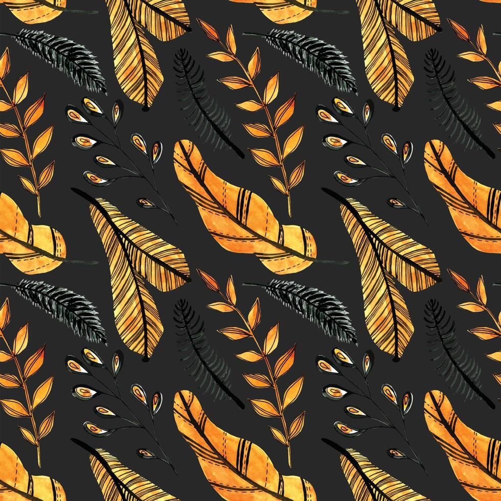 Watercolor seamless pattern with orange and black leaves on the dark black background. Christmas tree branch pattern. Perfect for greeting cards, invitation, wrapping paper, textile vector
