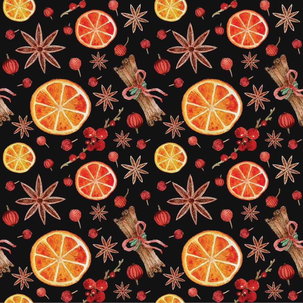 Seamless pattern CHRISTMAS NEW YEAR orange cinnamon anise cranberries wrapping PACKAGING paper black vector