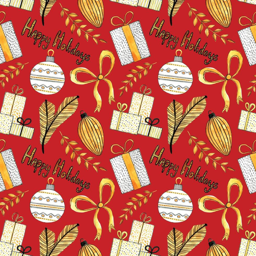 Seamless christmas pattern. Happy Holidays. Hand drawn orange gift boxes, bow, Christmas toys, fir branches on a red background. For wrapping paper vector