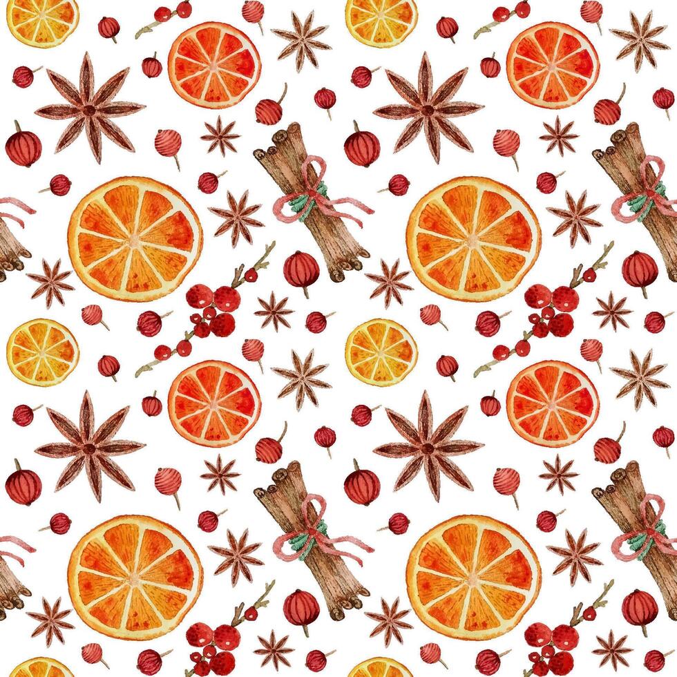Seamless pattern CHRISTMAS NEW YEAR orange cinnamon anise cranberries wrapping PACKAGING paper ON wight BACKGROUND vector