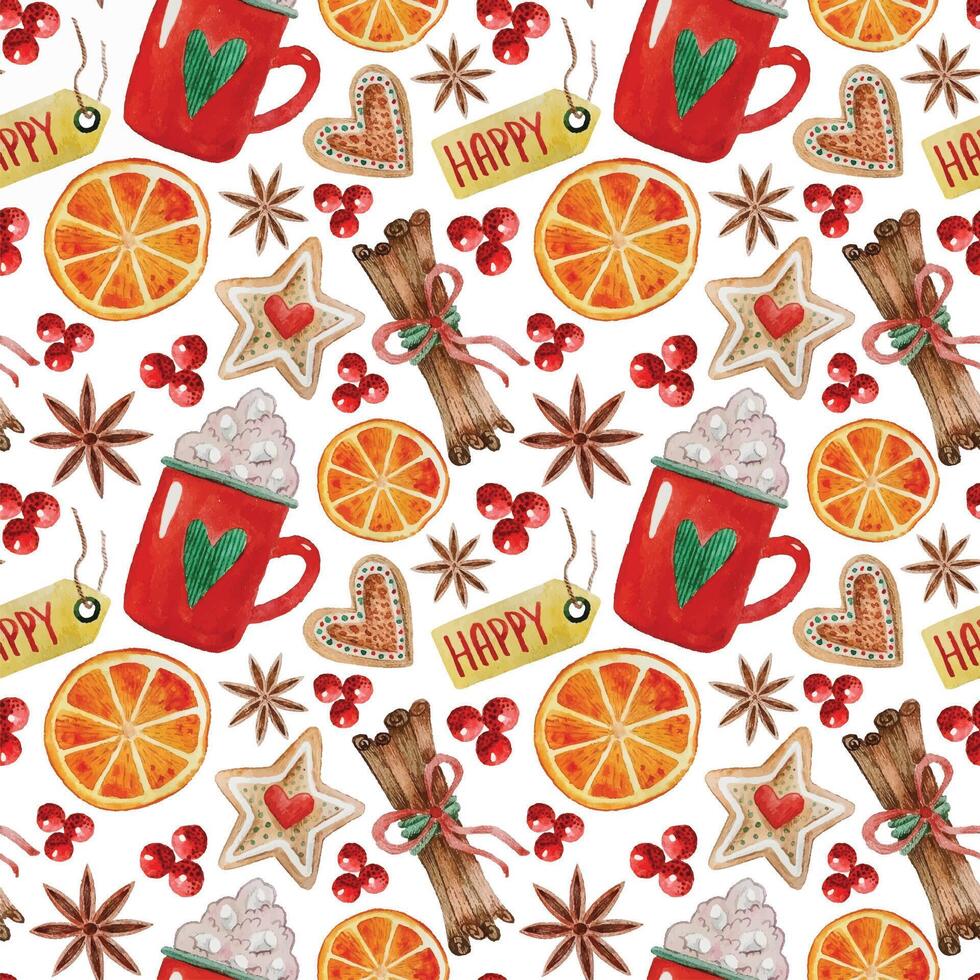 Watercolor seamless pattern with Christmas elements, gingerbread cookies, mug of cocoa and spices. Hand painted sweets, red berries, orange, anise and cinnamon sticks. Hand drawn winter holiday vector