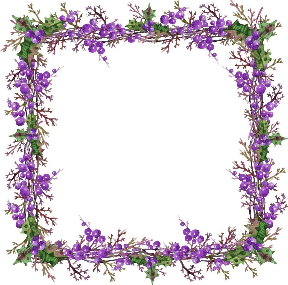 Square Christmas wreath with branches, holly, berries purple lil vector