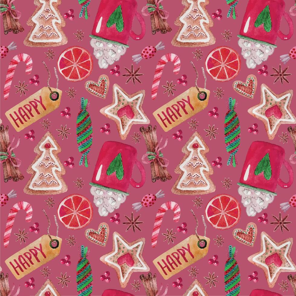 Seamless pattern background Christmas , new year, sweet spice biscuits cocoa candys green on pink background vector