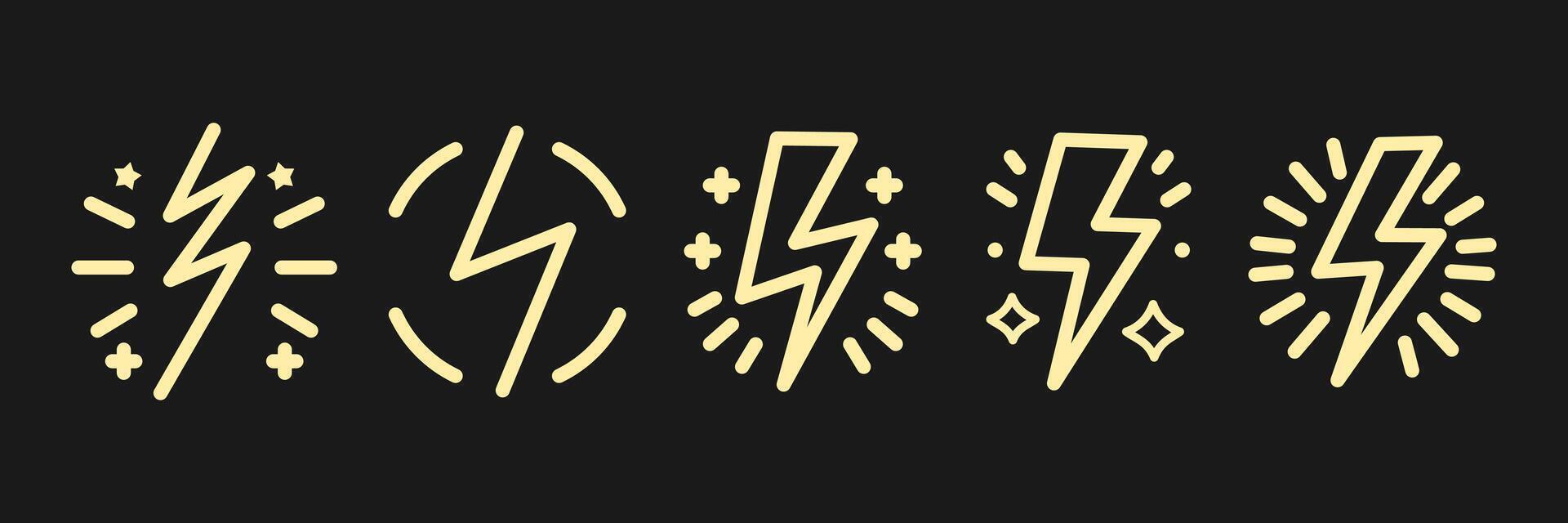 Creative collection of lightning and thunder symbols designed for weather-themed graphics and illustrations in various styles vector