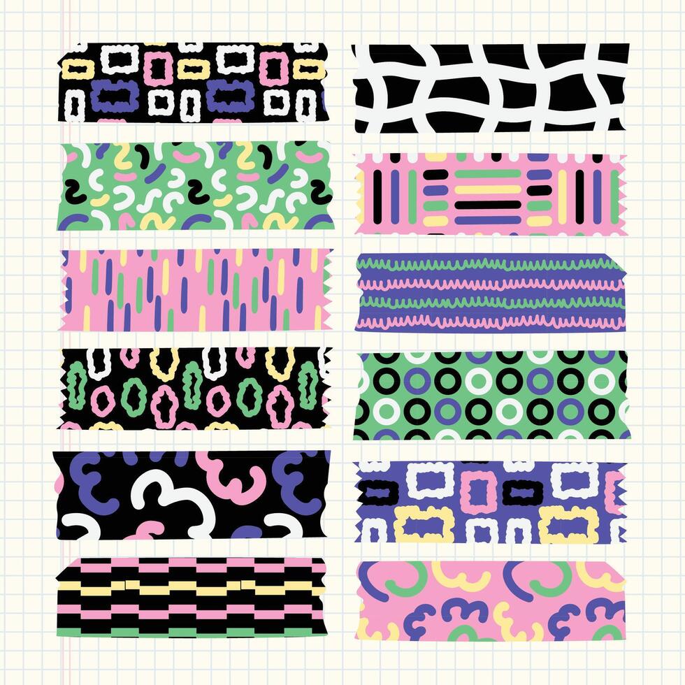 Geometric lines colorful shapes design cute washi tapes with swatches seamless repeat patterns vector