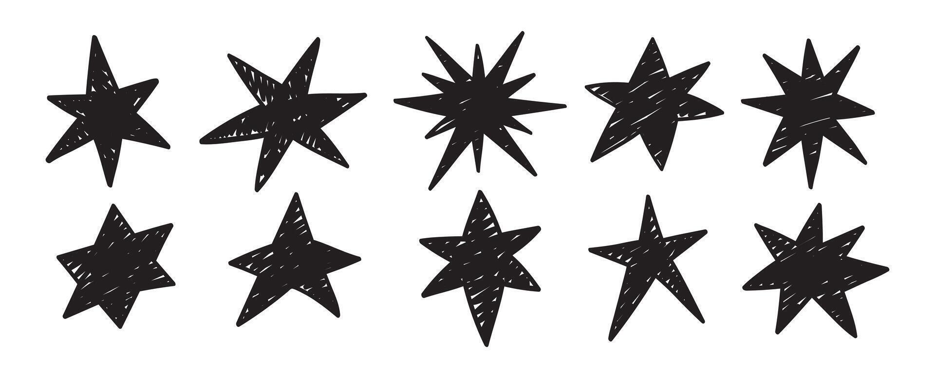 Set of doodle stars. Scribble starry collection vector