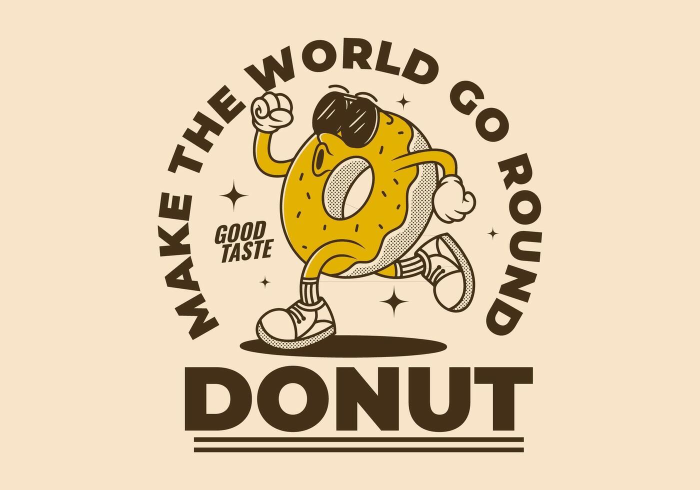 Donut, make the world go round. Retro mascot character of donut in running pose, light brown background vector