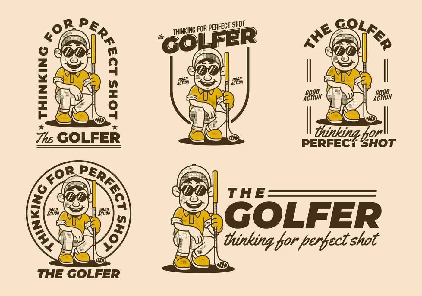 The golfer, waiting for perfect shot. 5 type of Retro character of golfer man holding a golf stick vector