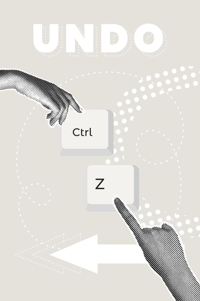 Fashionable halftone collage. CTRL Z key combination. Cancel, go back. Keyboard, computer, keyboard shortcut, laptop, input device, hotkeys. vector