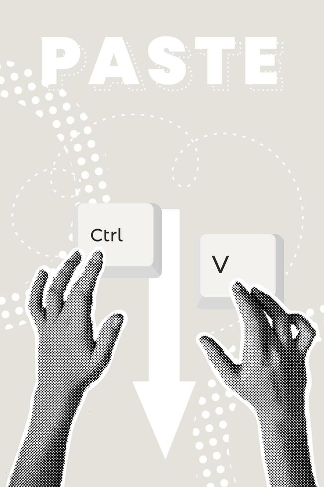 Fashionable halftone collage. CTRL V key combination. Paste from cloud. Keyboard, computer, keyboard shortcut, keyboard shortcut, laptop, input device, hotkeys. vector