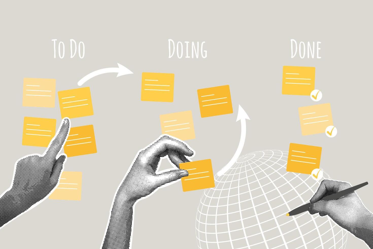 Trendy halftone collage. Concept of viewing progress of work on kanban board, current tasks,planning,completed,project management, to do list. Illustration for web banner, social media banner vector