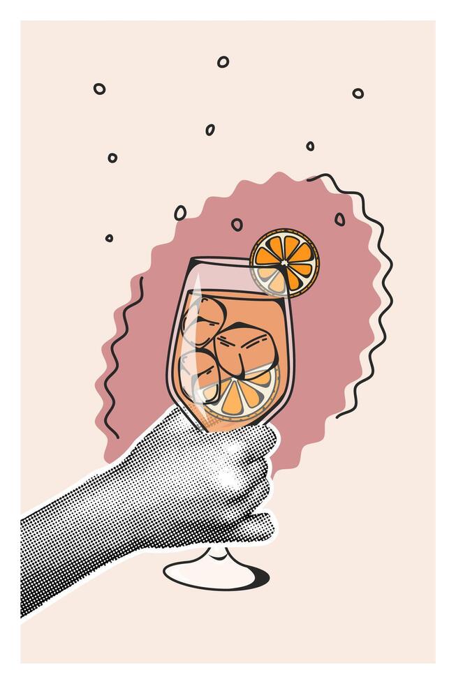 Modern halftone collage. Aperol Retro poster of a classic cocktail. Popular drink. Trendy pop art illustration with halftone elements. Vintage flat illustration for bar, restaurant, kitchen vector