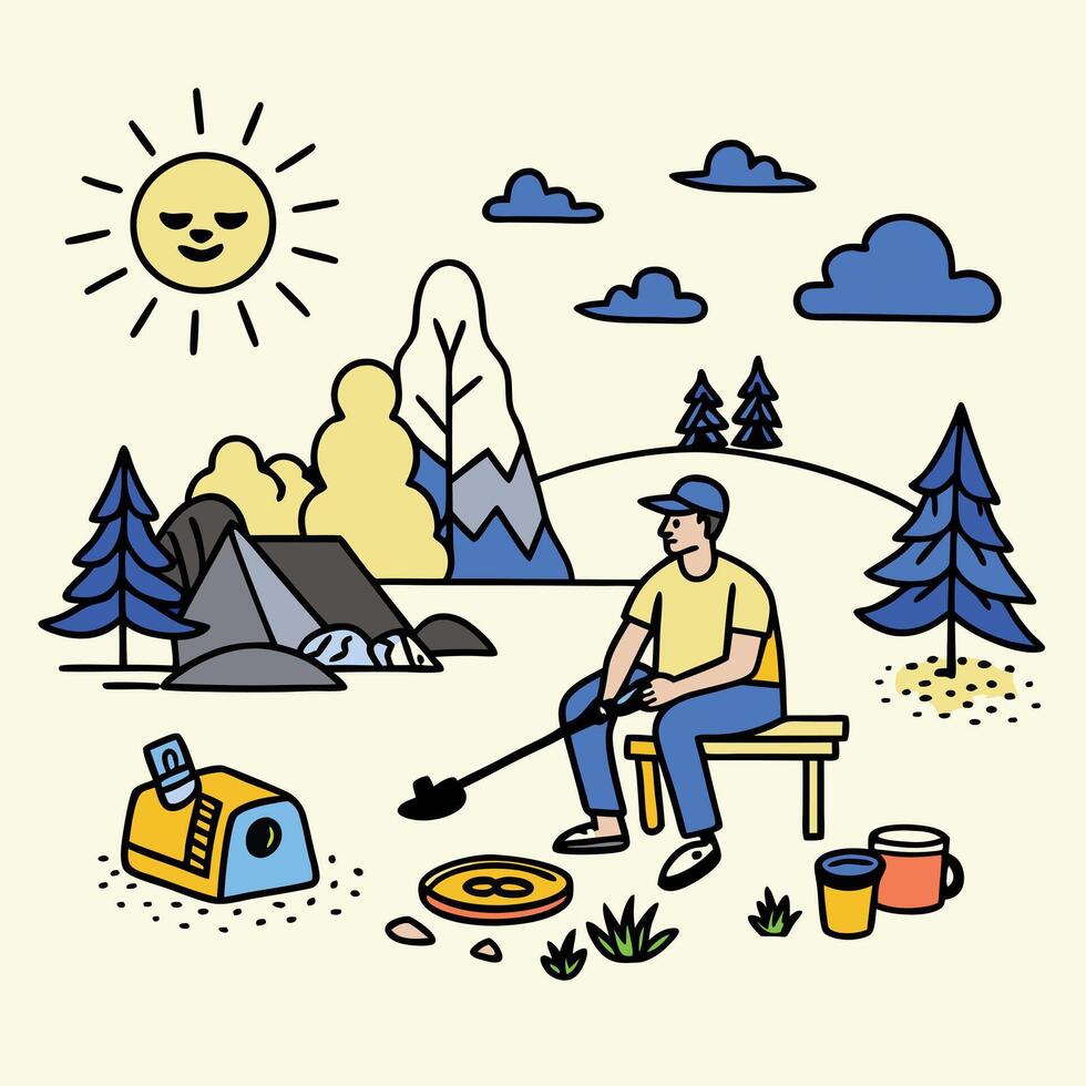 A man is sitting on a bench with a shovel and a cup of coffee vector