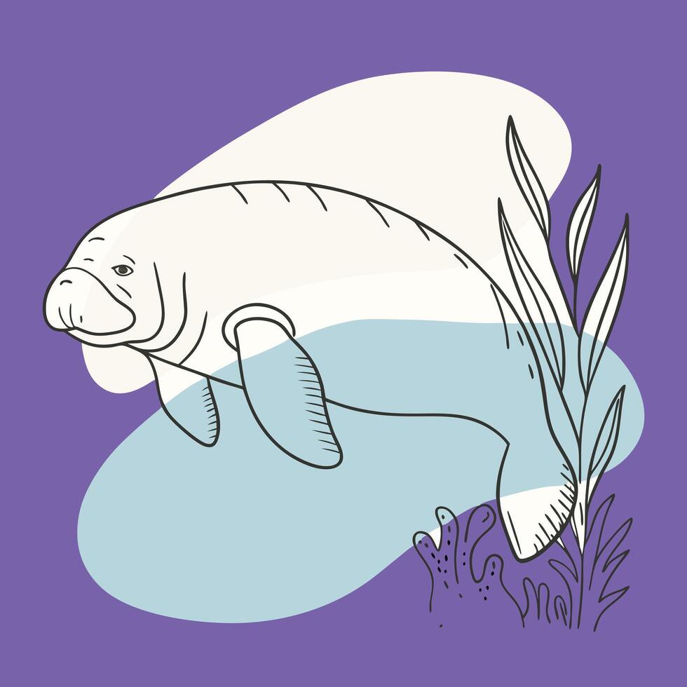 A manatee swimming in the water with plants vector