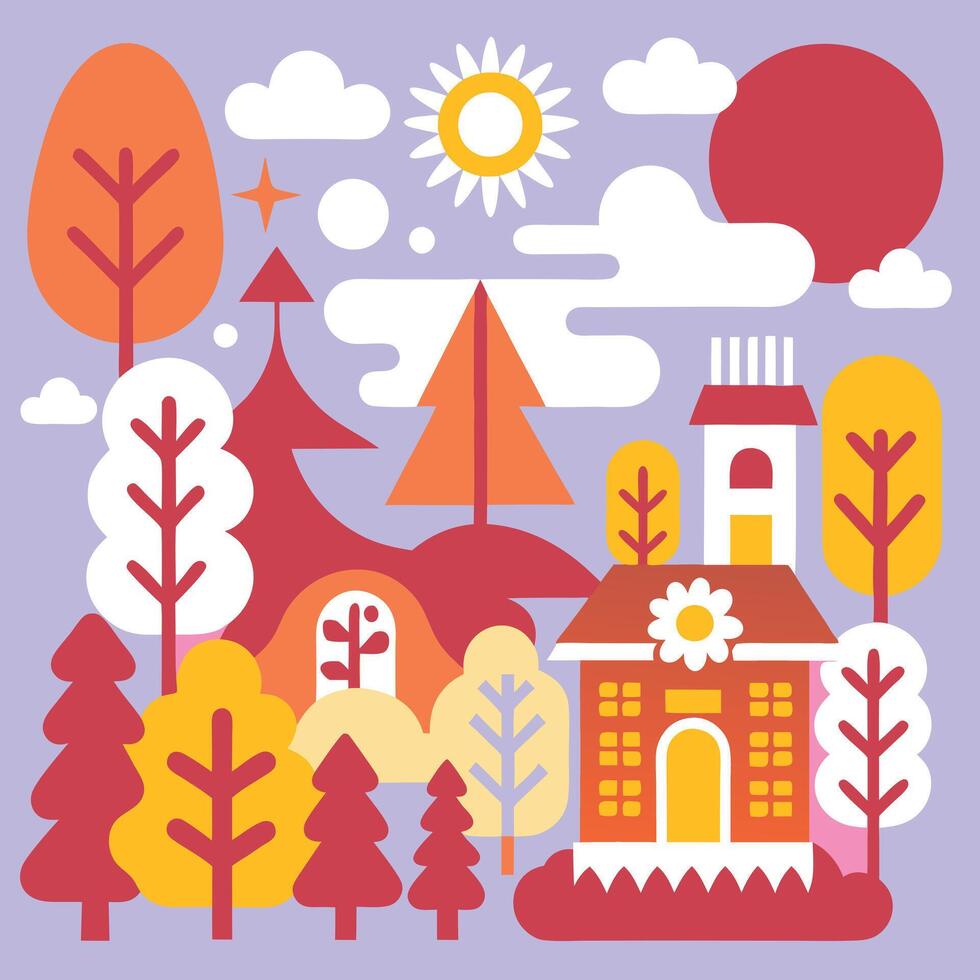 An illustration of a house surrounded by trees and other objects vector