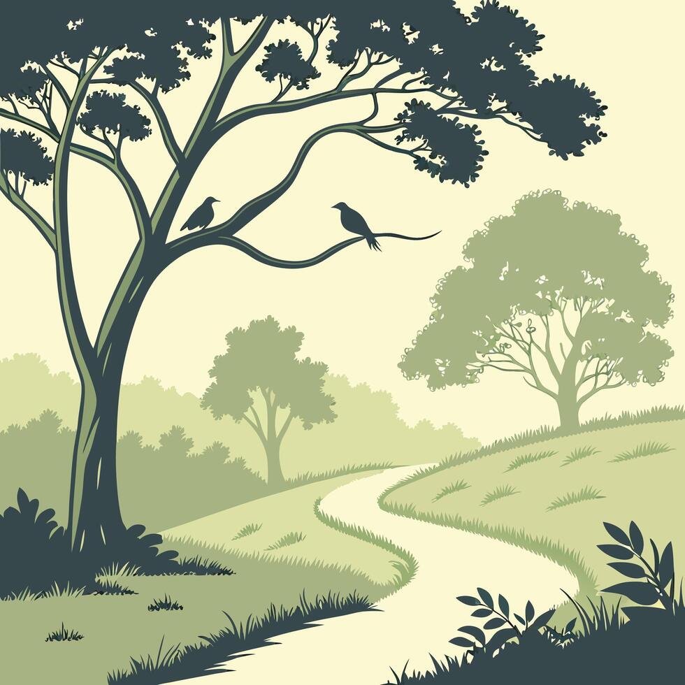A path through the forest with trees and birds vector