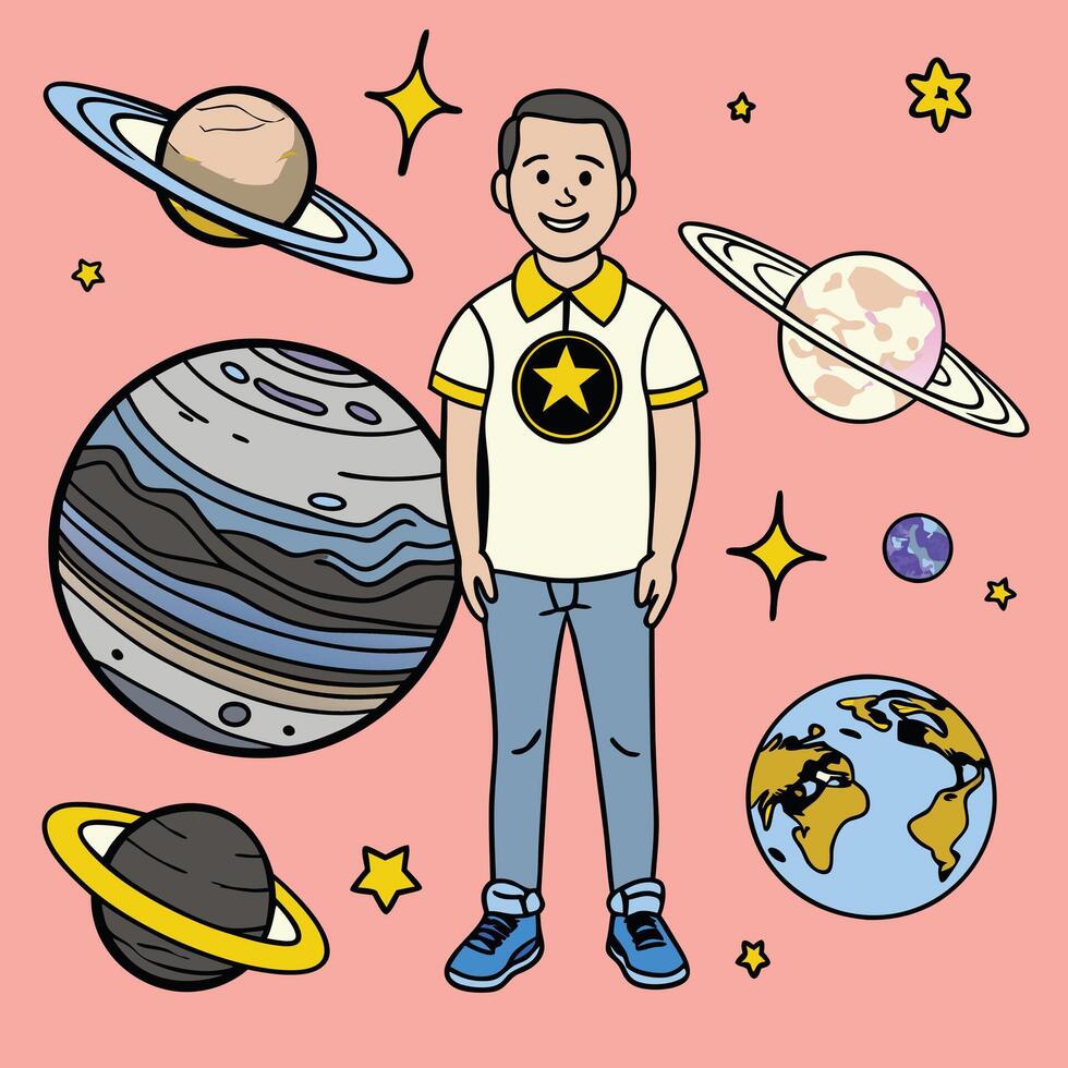 A man standing in front of planets and stars vector