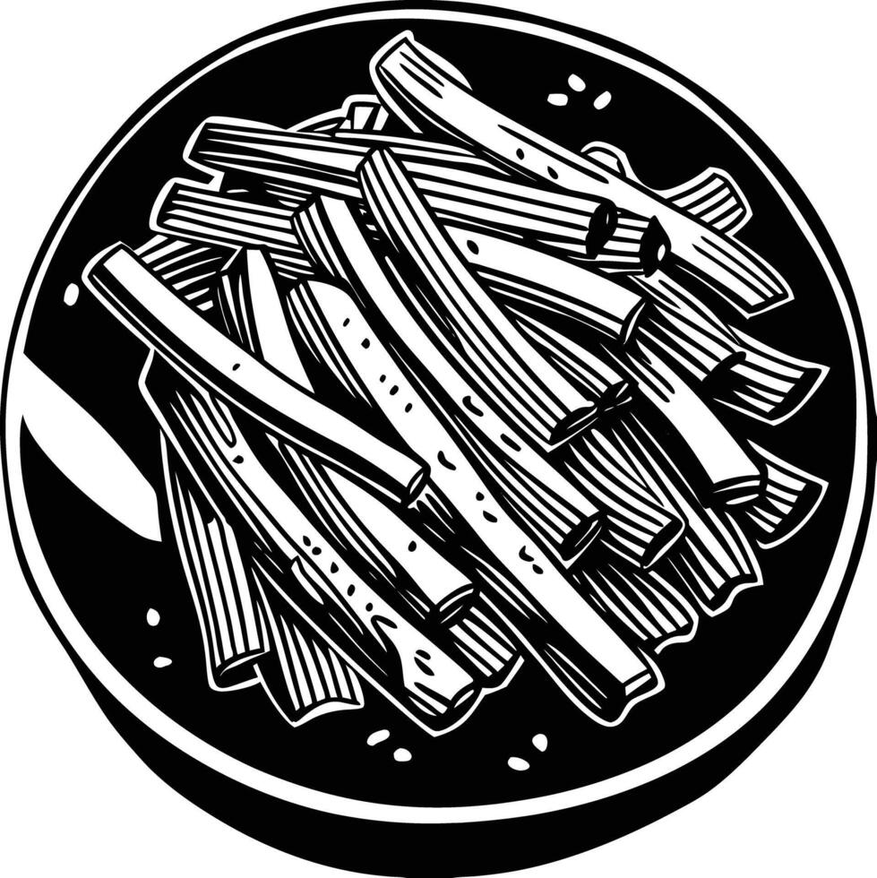 A black and white drawing of fries in a plate vector
