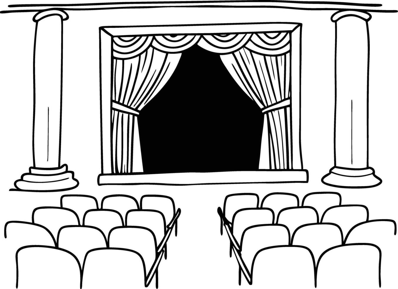 A black and white drawing of a theater with curtains vector