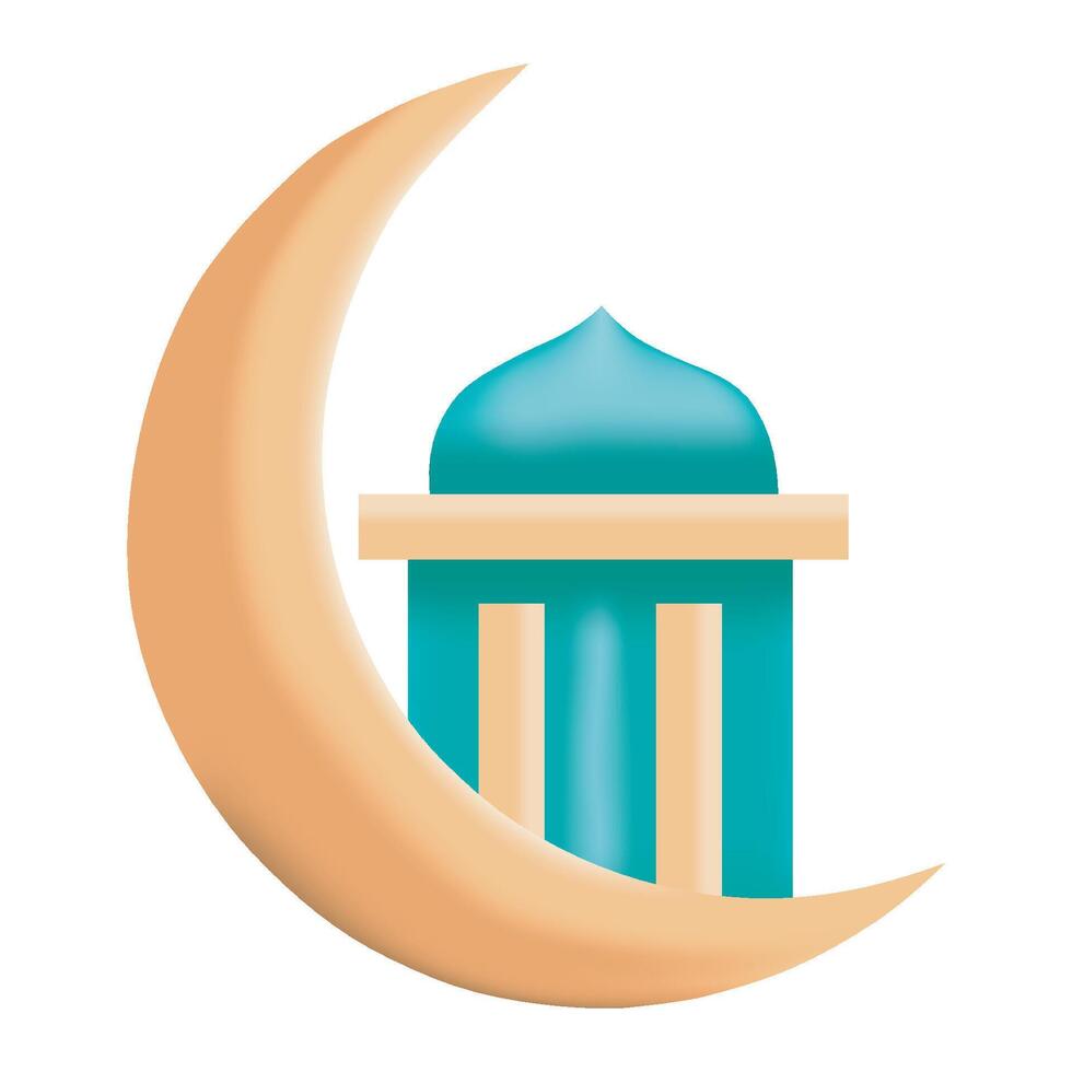 3D Crescent moon with mosque on white background vector