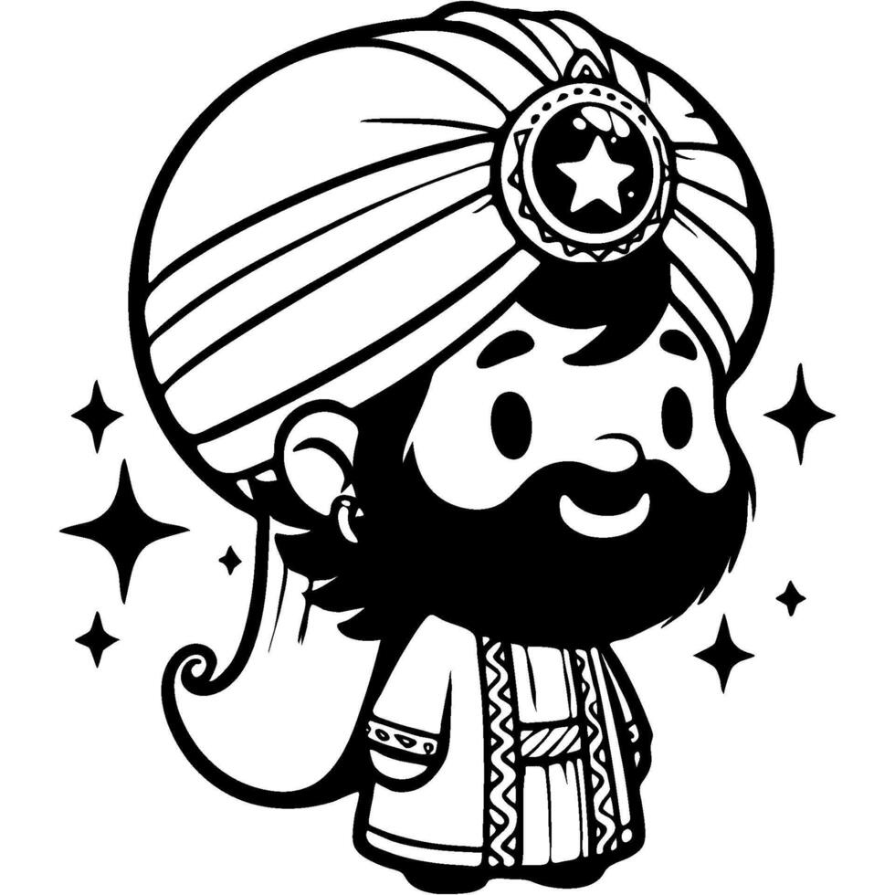 Arab sage in traditional turban headdress in monochrome. Simple minimalistic image in black ink drawing on white background vector