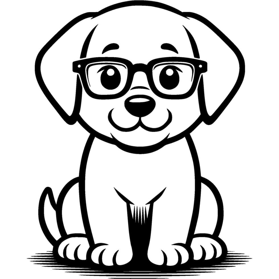 Dalmatian puppy sits and poses for camera wearing professor teacher glasses in monochrome. Simple minimalistic image in black ink drawing on white background vector
